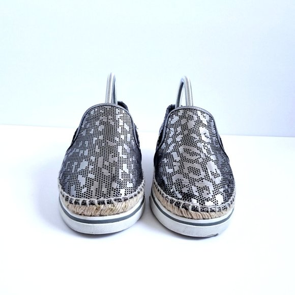 JIMMY CHOO Dawn Metallic Pewter Leather Espadrilles EU 39 US 9 Slip On Leopard - Picture 4 of 16
